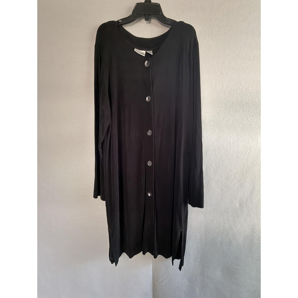 Chico's Travelers Jacket Womens 3 Black Button Front Knit Long Sleeve Mid Length